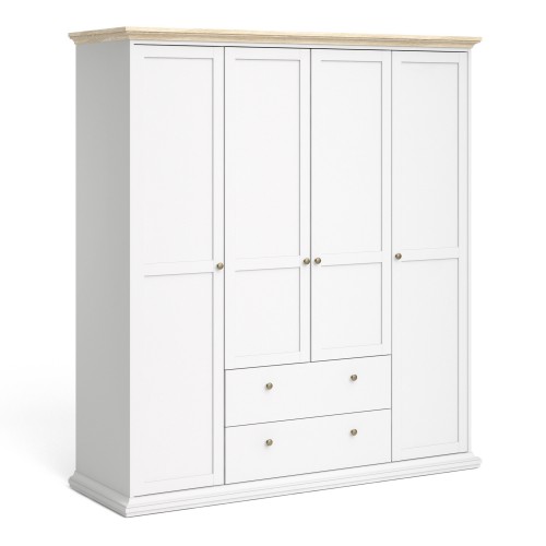 Paris Wardrobe with 4 Doors & 2 Drawers in White and Oak