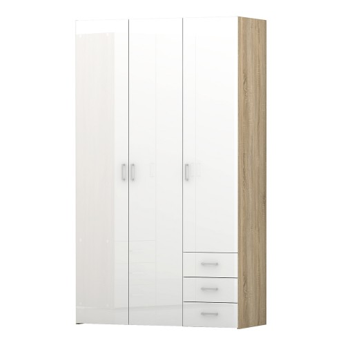 Space Wardrobe - 3 Doors 3 Drawers in Oak with White High Gloss 2000