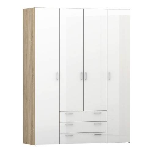 Space Wardrobe - 4 Doors 3 Drawers in Oak with White High Gloss 2000