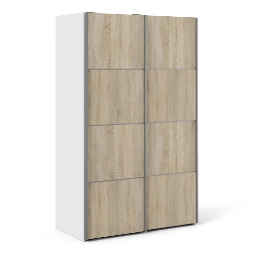 Verona Sliding Wardrobe 120cm in White with Oak Doors with 2 Shelves
