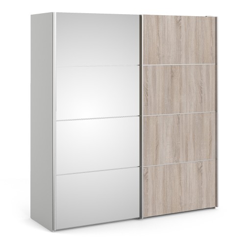 Verona Sliding Wardrobe 180cm in White with Truffle Oak and Mirror Doors with 2 Shelves