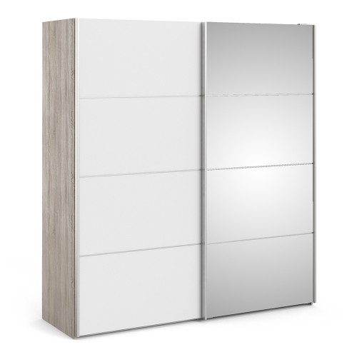 Verona Sliding Wardrobe 180cm in Truffle Oak with White and Mirror Doors with 2 Shelves