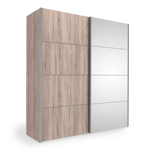 Verona Sliding Wardrobe 180cm in Truffle Oak with Truffle Oak and Mirror Doors with 2 Shelves