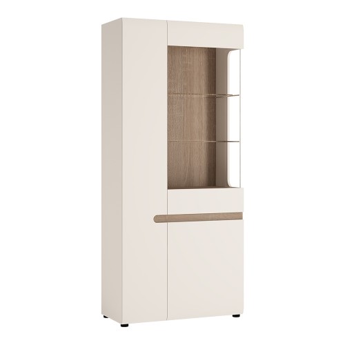 Chelsea Living Tall Glazed Wide Display unit (LHD) in white with an Truffle Oak Trim