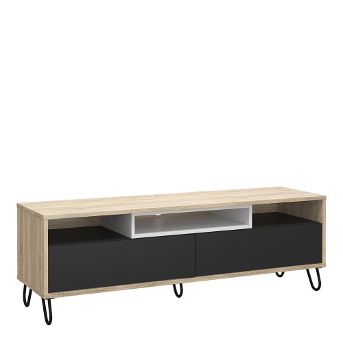 Match TV Unit 2 Drawers w/ Media Compartment in Oak with Dark Grey and White
