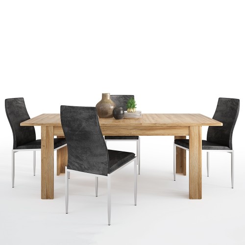 Dining set package Cortina Extending dining table in Grandson Oak + 4 Milan High Back Chair Black.