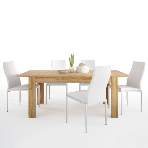 Dining set package Cortina Extending dining table in Grandson Oak + 4 Milan High Back Chair White.