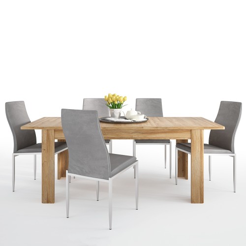 Dining set package Cortina Extending dining table in Grandson Oak + 6 Milan High Back Chair Grey.