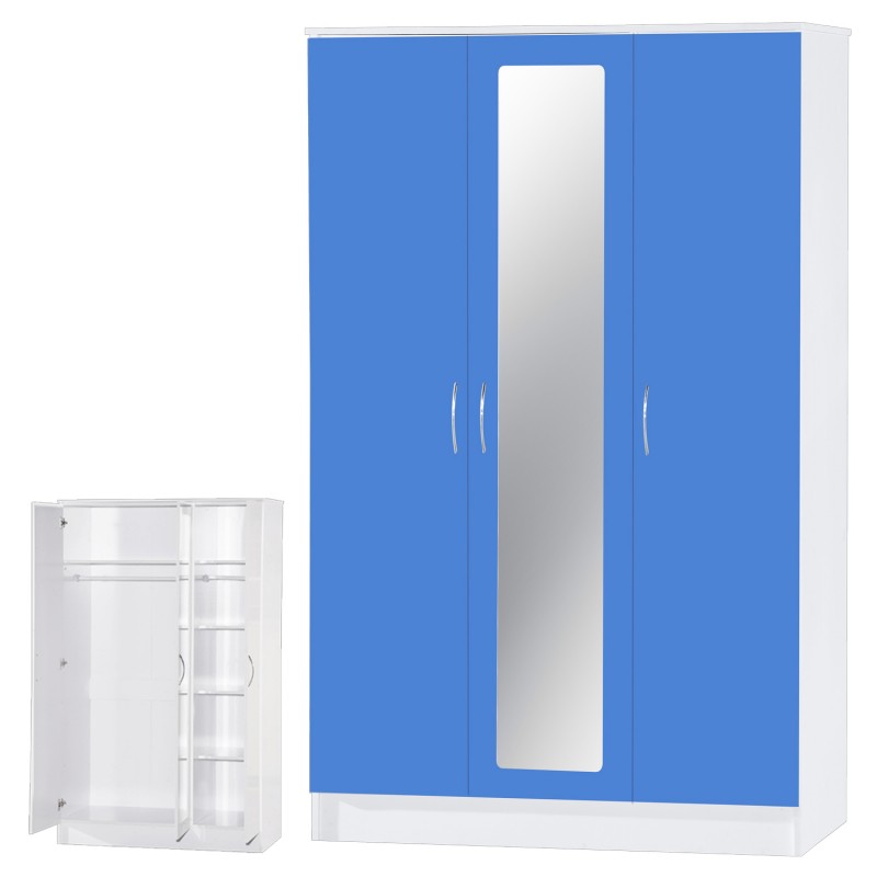 Alpha Blue Gloss & White 3 Door Mirrored Wardrobe