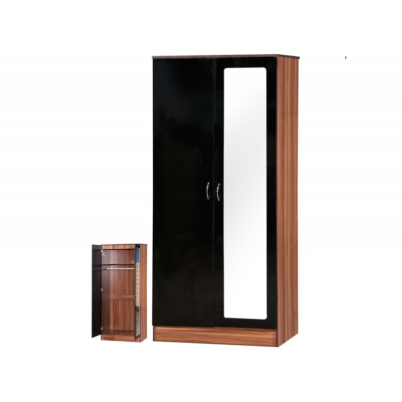 Alpha Black Gloss & Walnut 2 Door Mirrored Wardrobe