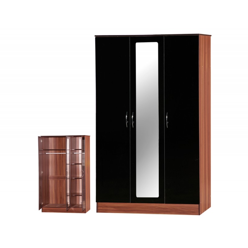 Alpha Black Gloss & Walnut 3 Door Mirrored Wardrobe