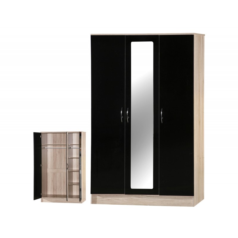 Alpha Black Gloss & San Oak 3 Door Mirrored Wardrobe