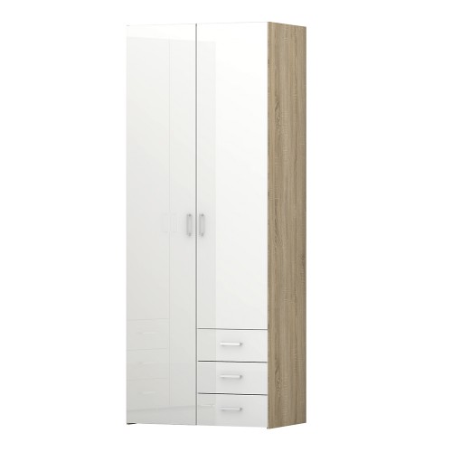 Space Wardrobe - 2 Doors 3 Drawers in Oak with White High Gloss 2000