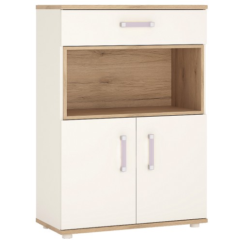 4KIDS 2 door 1 drawer cupboard with open shelf with lilac handles